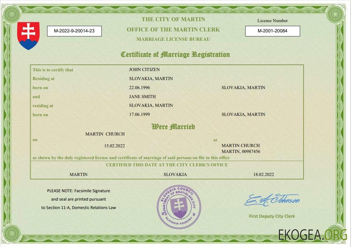 Modèle Word et PDF d'acte de mariage en Slovaquie